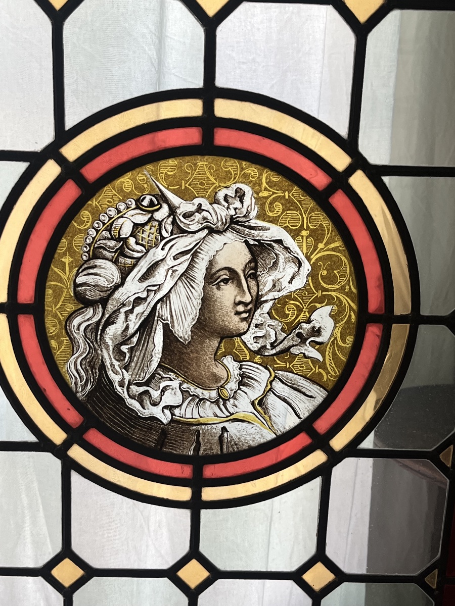 Pair Of Renaissance  Stained-glass Windows With Medallions, Late 19th Century, H 207 Cm-photo-3