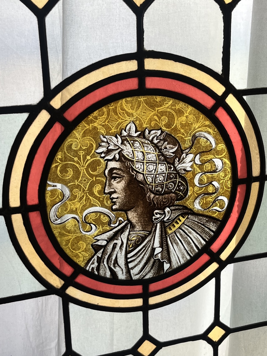 Pair Of Renaissance  Stained-glass Windows With Medallions, Late 19th Century, H 207 Cm-photo-4