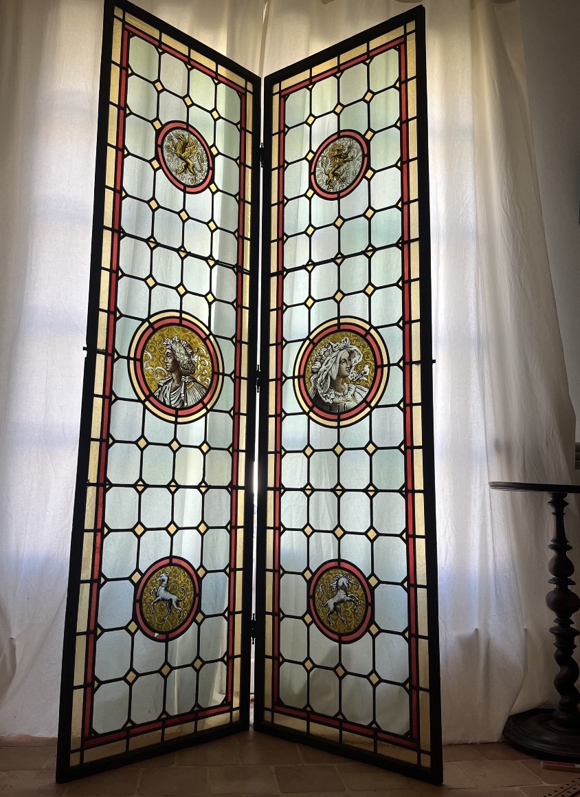 Pair Of Renaissance  Stained-glass Windows With Medallions, Late 19th Century, H 207 Cm-photo-1