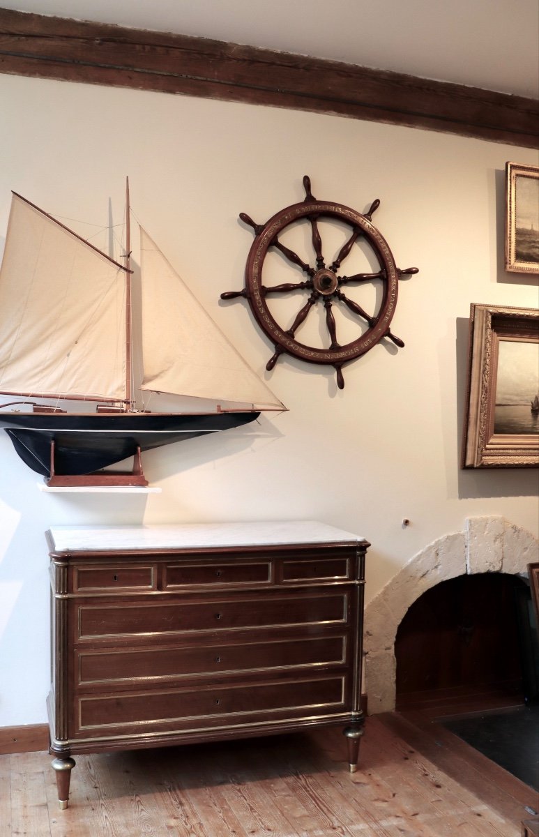 Barre à Roue En Frêne, Acajou Et Laiton. Ateliers & Chantiers De Bretagne. Nantes. 1914. -photo-2