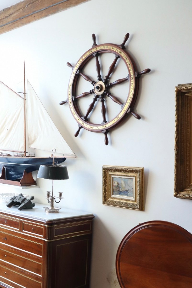 Barre à Roue En Frêne, Acajou Et Laiton. Ateliers & Chantiers De Bretagne. Nantes. 1914. -photo-4