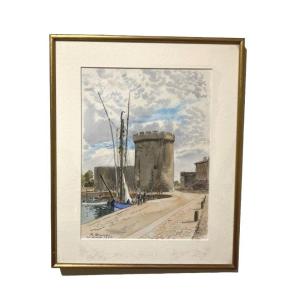 Raymond Enard (1902-1982). Watercolor. Saint Nicolas Tower. La Rochelle. 1956