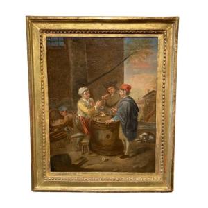 Scène De Taverne. Les trois amis. Huile sur toile . Cadre Louis XVI. . Fin XVIII° siècle