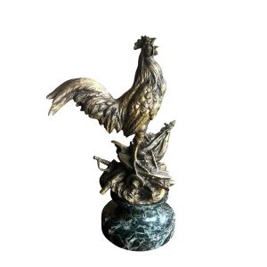 "the French Rooster", A. Comte Du Passage & Drouot, Bronze On Green Marble, H 29 Cm, 19th Century