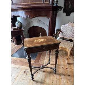 Marquetry Worktable Decorated With A Bouquet Of Roses. Louis XVI Style. 19th Century. 