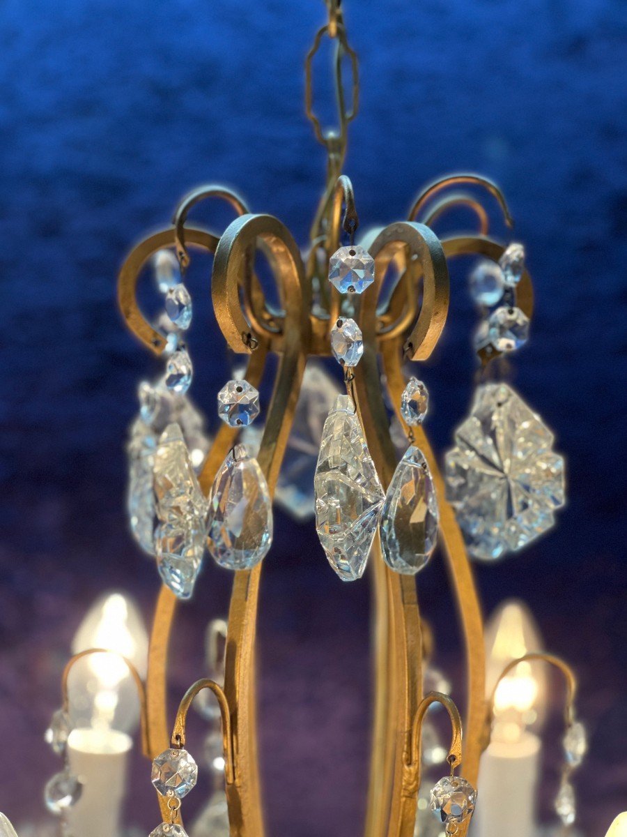 Lustre Pampilles Cristal Bronze 6 Lumières / Refait A Neuf -photo-4