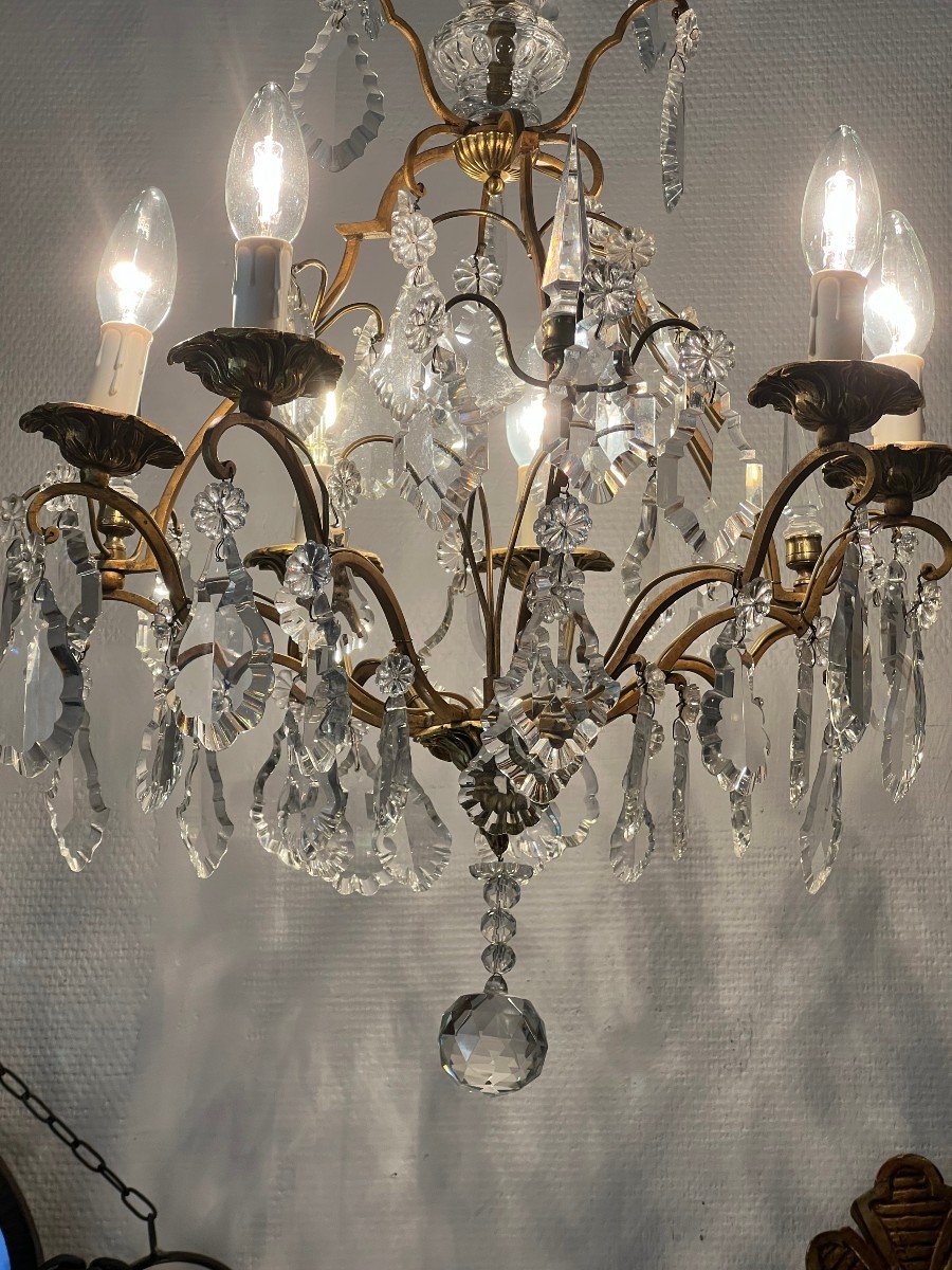 Ref 60 / Lustre Bronze Pampilles Cristal 6 Lumières /refait A Neuf-photo-2