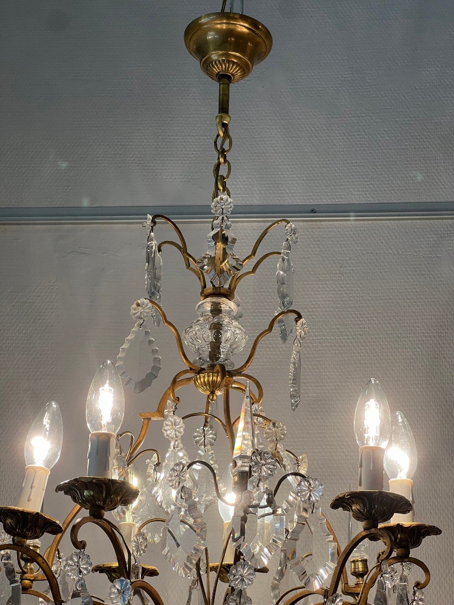 Ref 60 / Lustre Bronze Pampilles Cristal 6 Lumières /refait A Neuf-photo-3