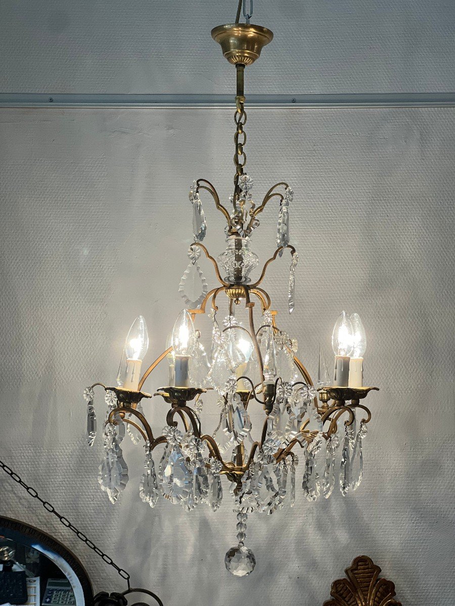 Ref 60 / Lustre Bronze Pampilles Cristal 6 Lumières /refait A Neuf