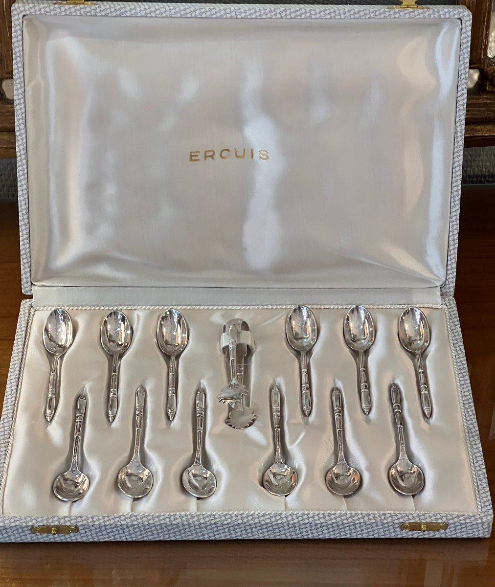 Ercuis / 12 Cuilleres Moka + Pince Metal Argente 