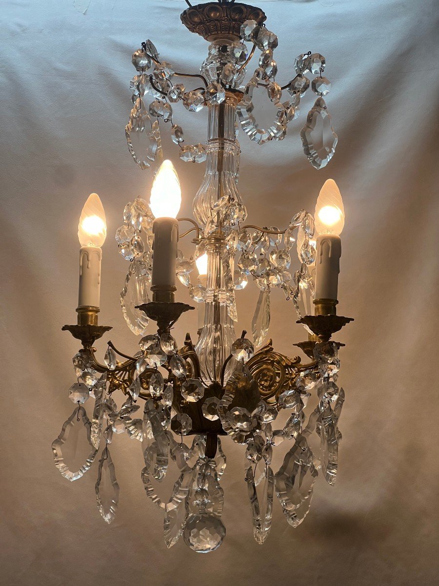 Ref 86/ Lustre Bronze Nap III Pampilles 5 Lumières /refait A Neuf-photo-7