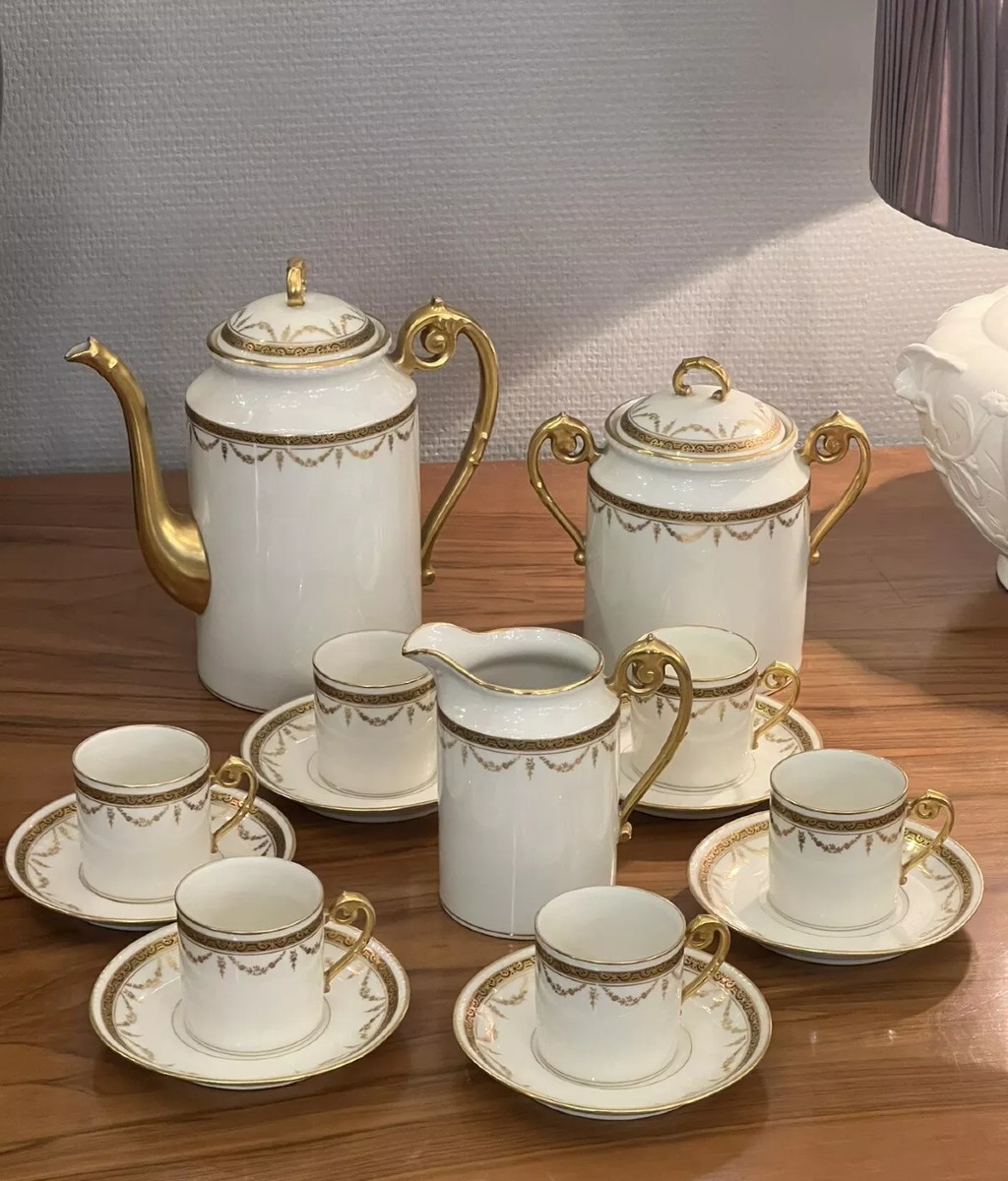 Limoges / White Porcelain And Gilded Coffee Service