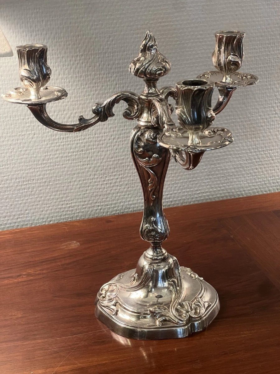 Pair Of 3-light Candlesticks In Silver-plated Metal, Rocaille Model-photo-5