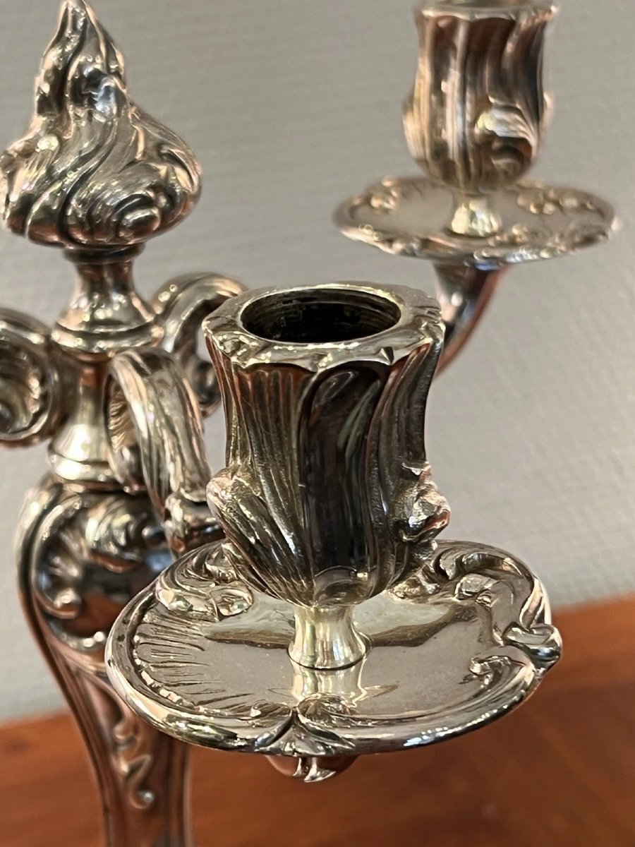 Pair Of 3-light Candlesticks In Silver-plated Metal, Rocaille Model-photo-6