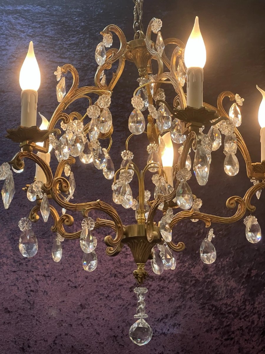 Ref 100 / Bronze Cage Chandelier With Crystal Tassels, 4 Lights-photo-3
