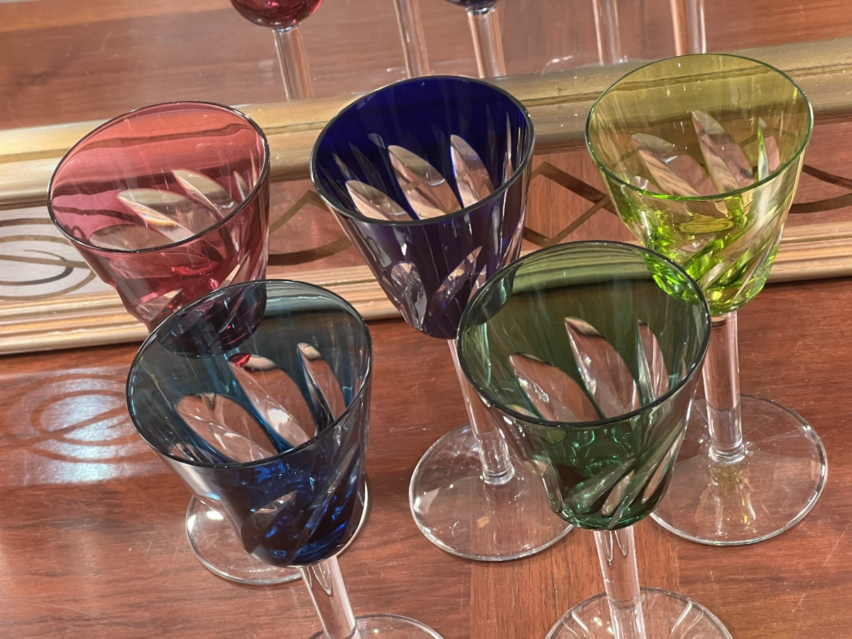 Saint-Louis, 5 Verres cristal De Couleur modèle Bidassoa, Art Deco.-photo-6