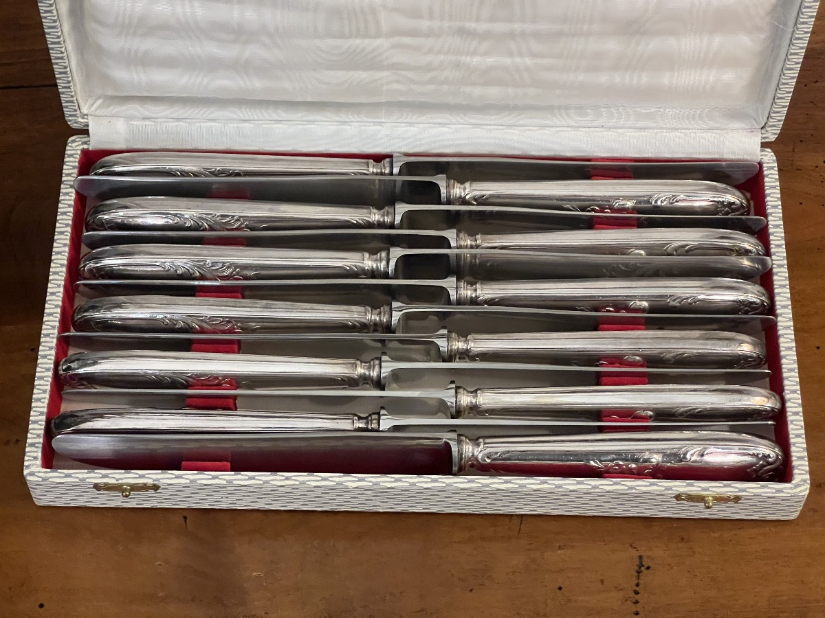 12 Table Knives, Rocaille Louis XV Style, Silver Plated-photo-3