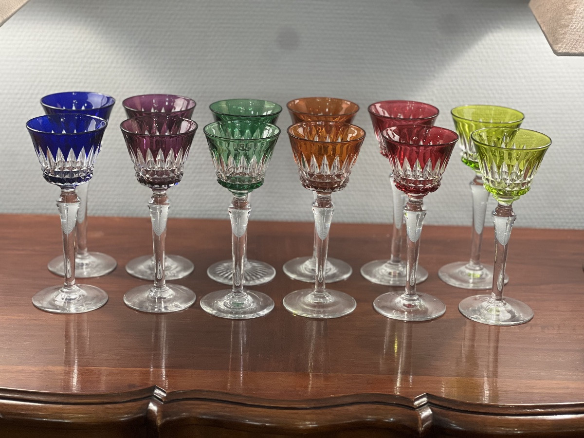 Beautiful Set Of 12 Colored Crystal Glasses, Piccadilly Pattern By Baccarat.-photo-1