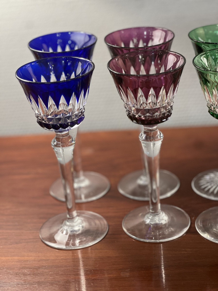 Beautiful Set Of 12 Colored Crystal Glasses, Piccadilly Pattern By Baccarat.-photo-2