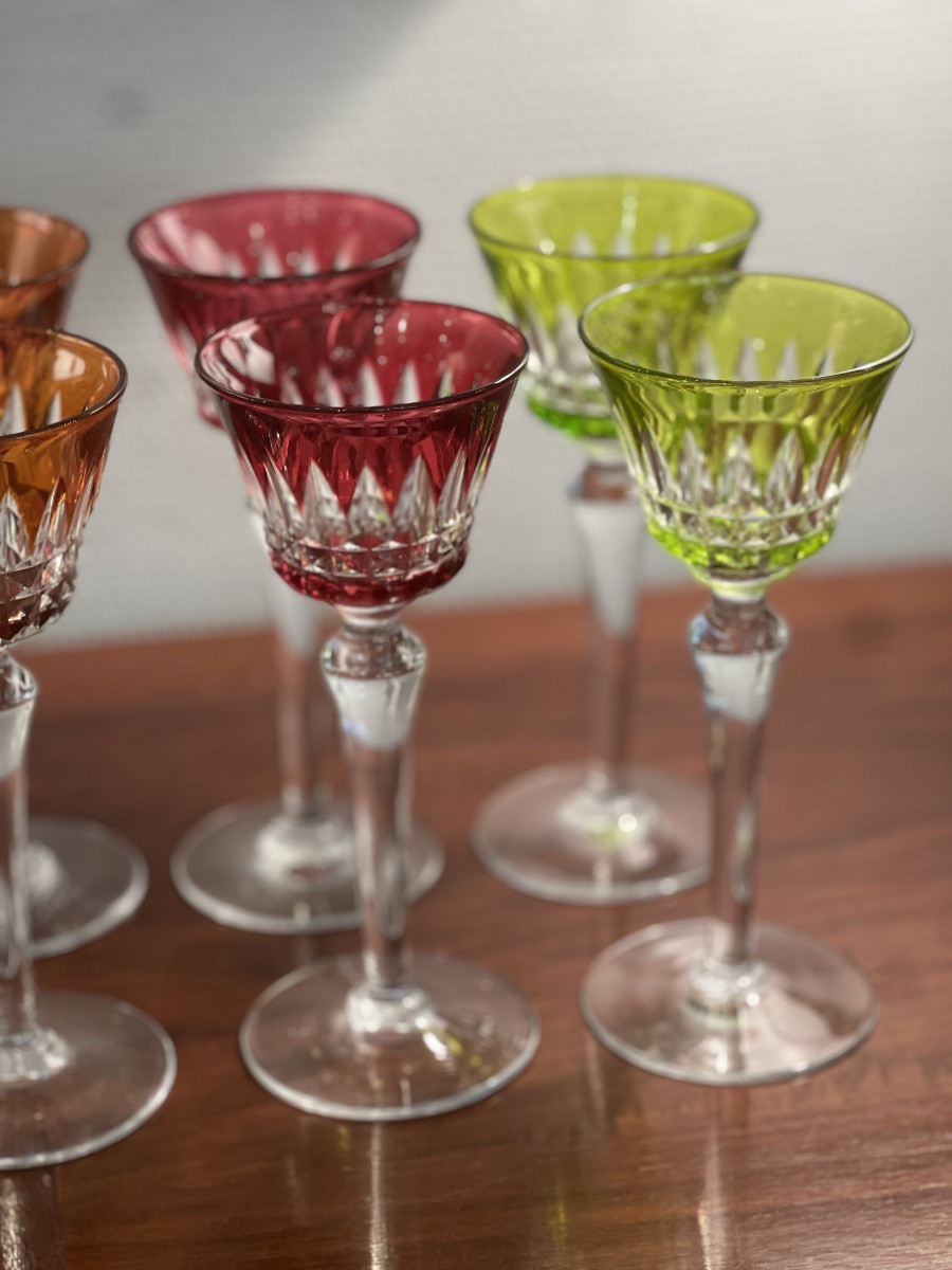 Beautiful Set Of 12 Colored Crystal Glasses, Piccadilly Pattern By Baccarat.-photo-4