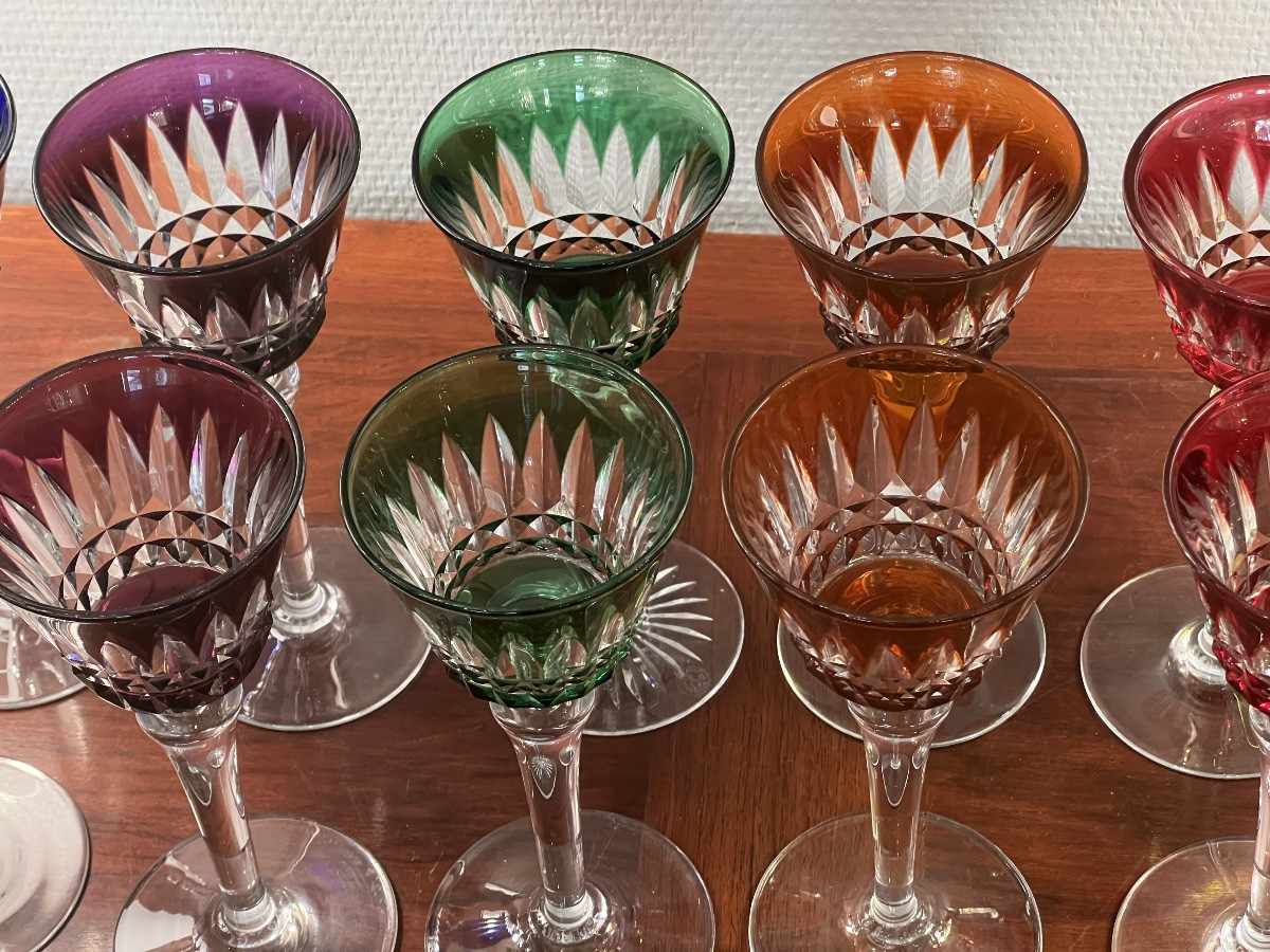 Beautiful Set Of 12 Colored Crystal Glasses, Piccadilly Pattern By Baccarat.-photo-7