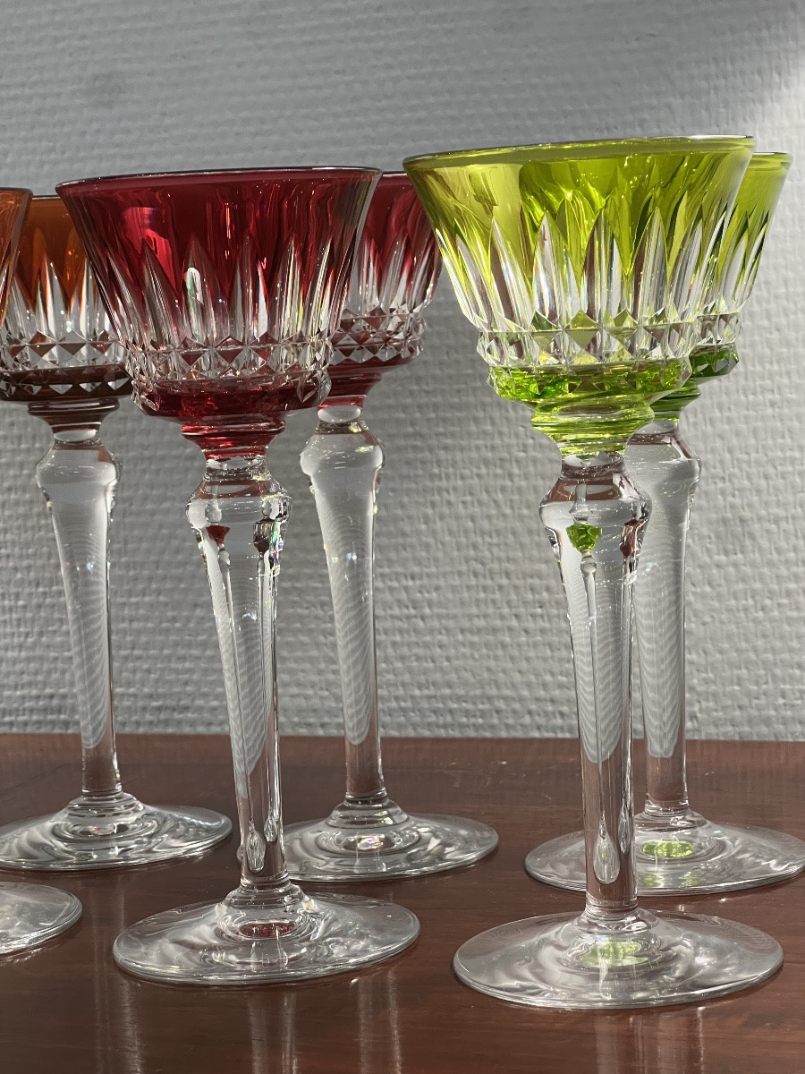 Beautiful Set Of 12 Colored Crystal Glasses, Piccadilly Pattern By Baccarat.-photo-8