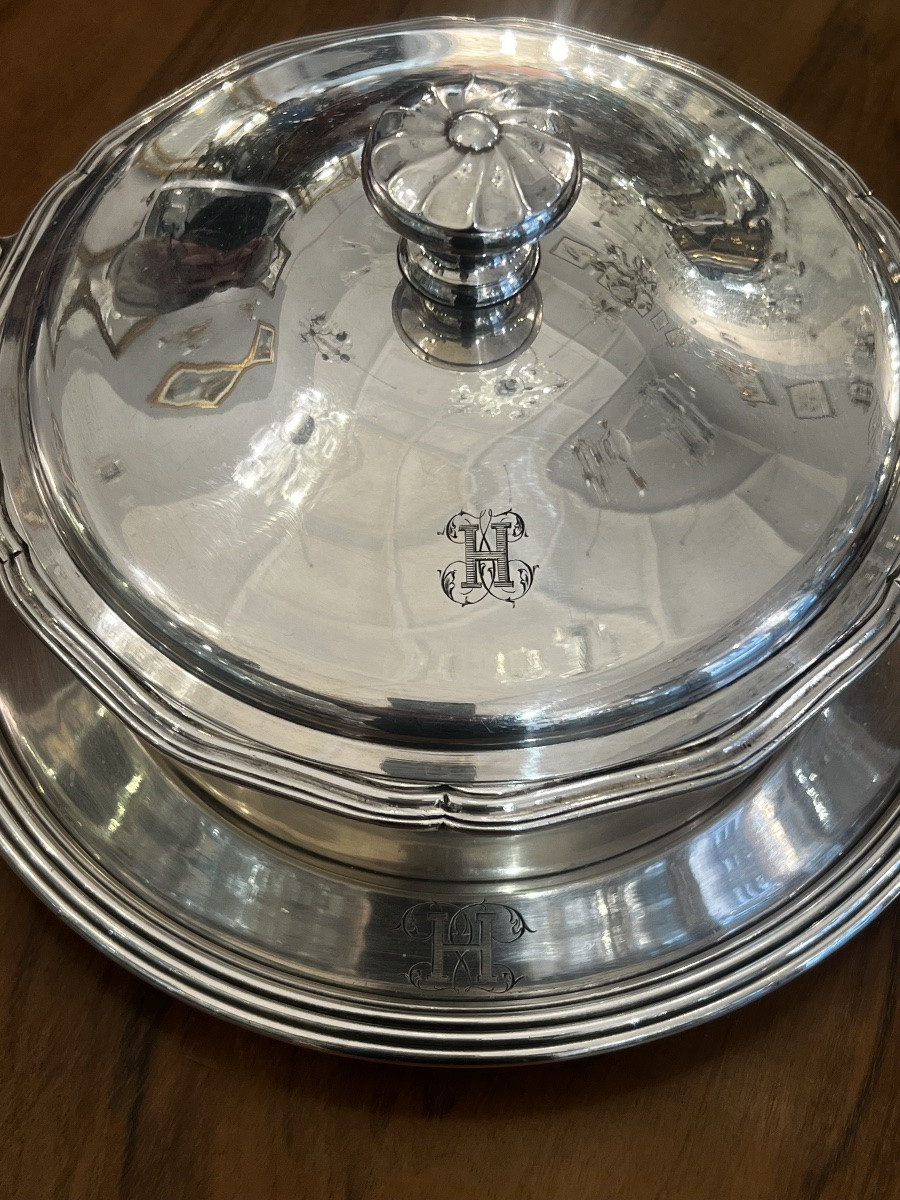 Christofle Vegetable Dish And Its Silver-plated Metal Plate Monogrammed-photo-2