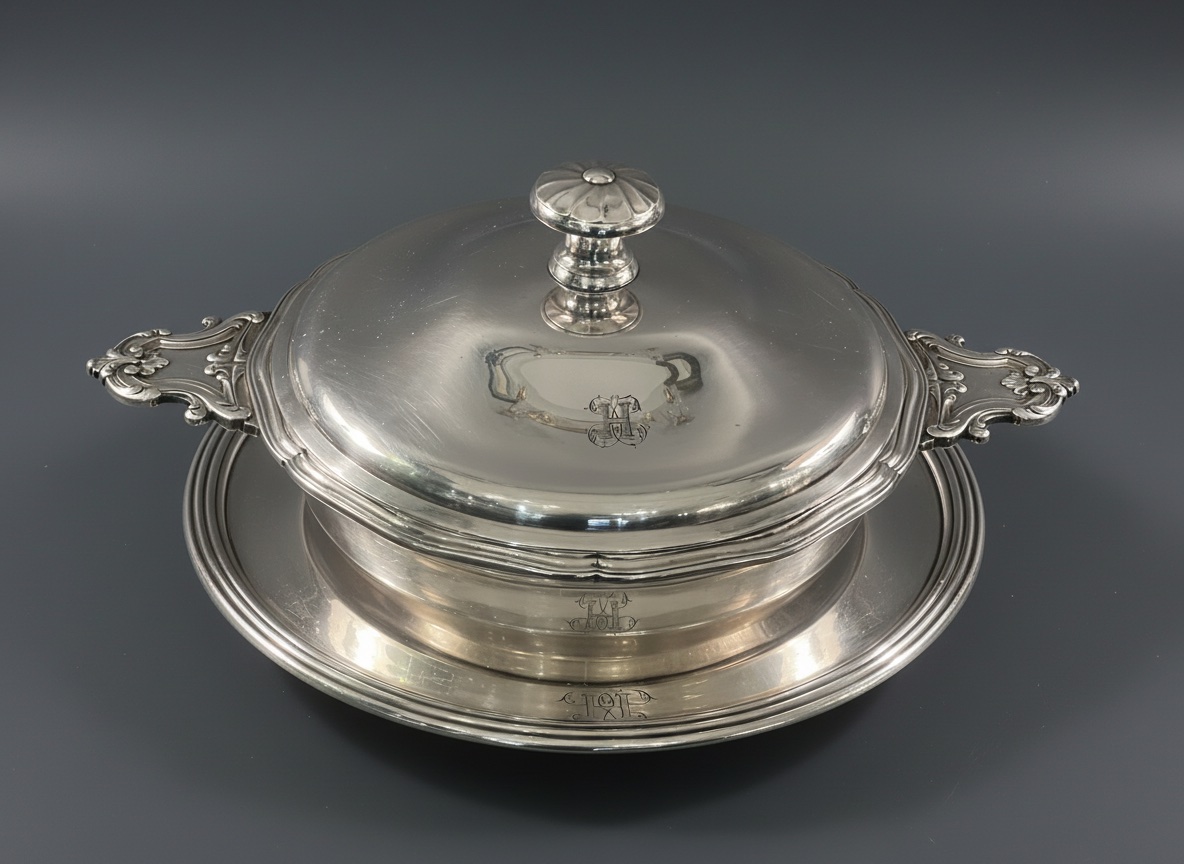 Christofle Vegetable Dish And Its Silver-plated Metal Plate Monogrammed-photo-4