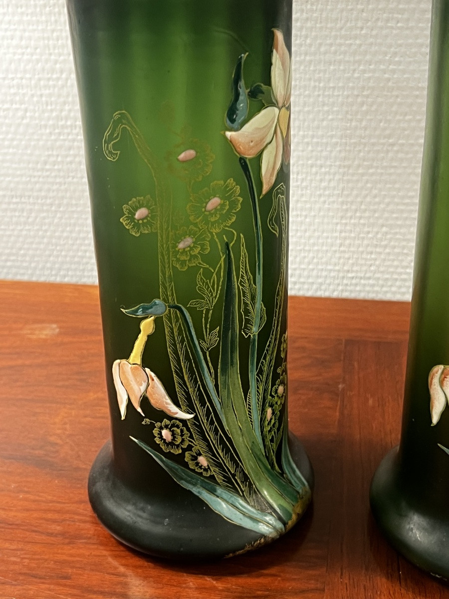 Pair Of Legras Art Nouveau Enameled Glass Vases-photo-4