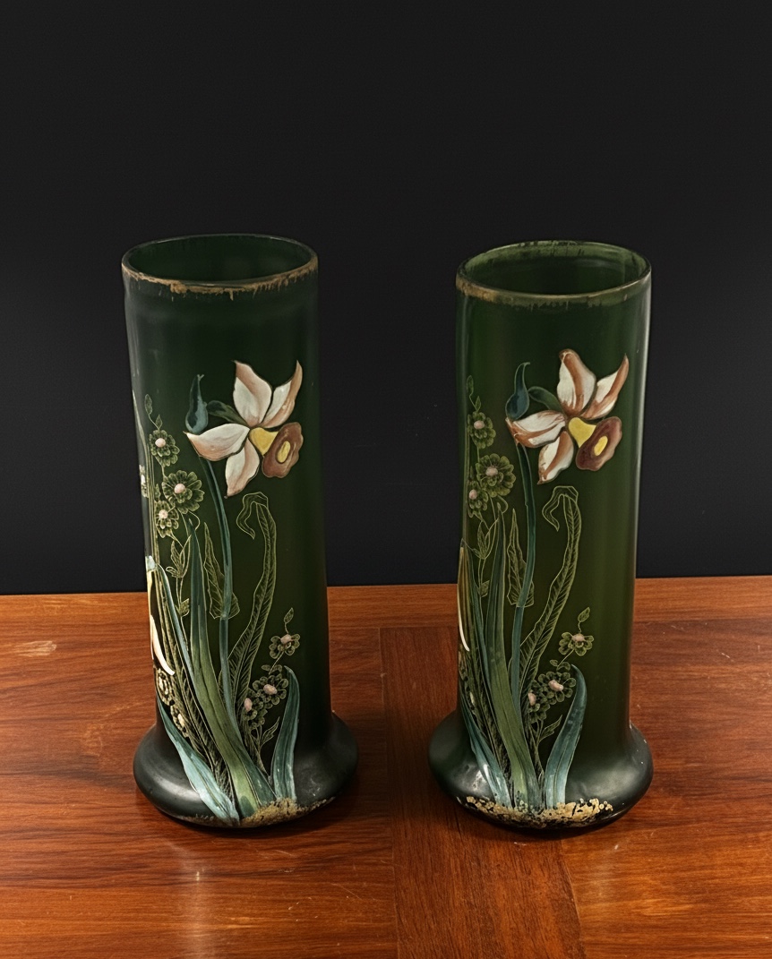  Pair Of Legras Art Nouveau Enameled Glass Vases