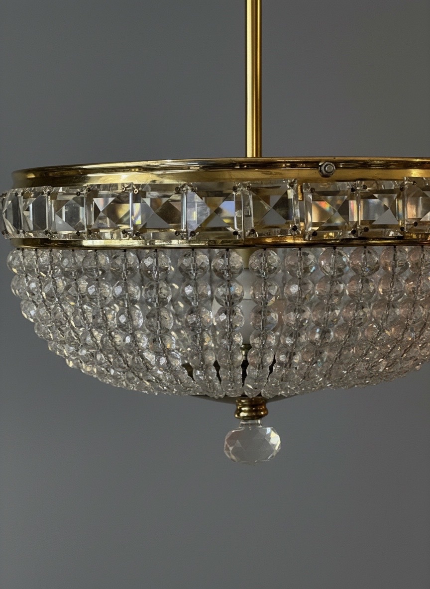Ref 138 / Single-light Basket-style Chandelier/ceiling Light With Crystal Drops / Fully Refurbi-photo-2