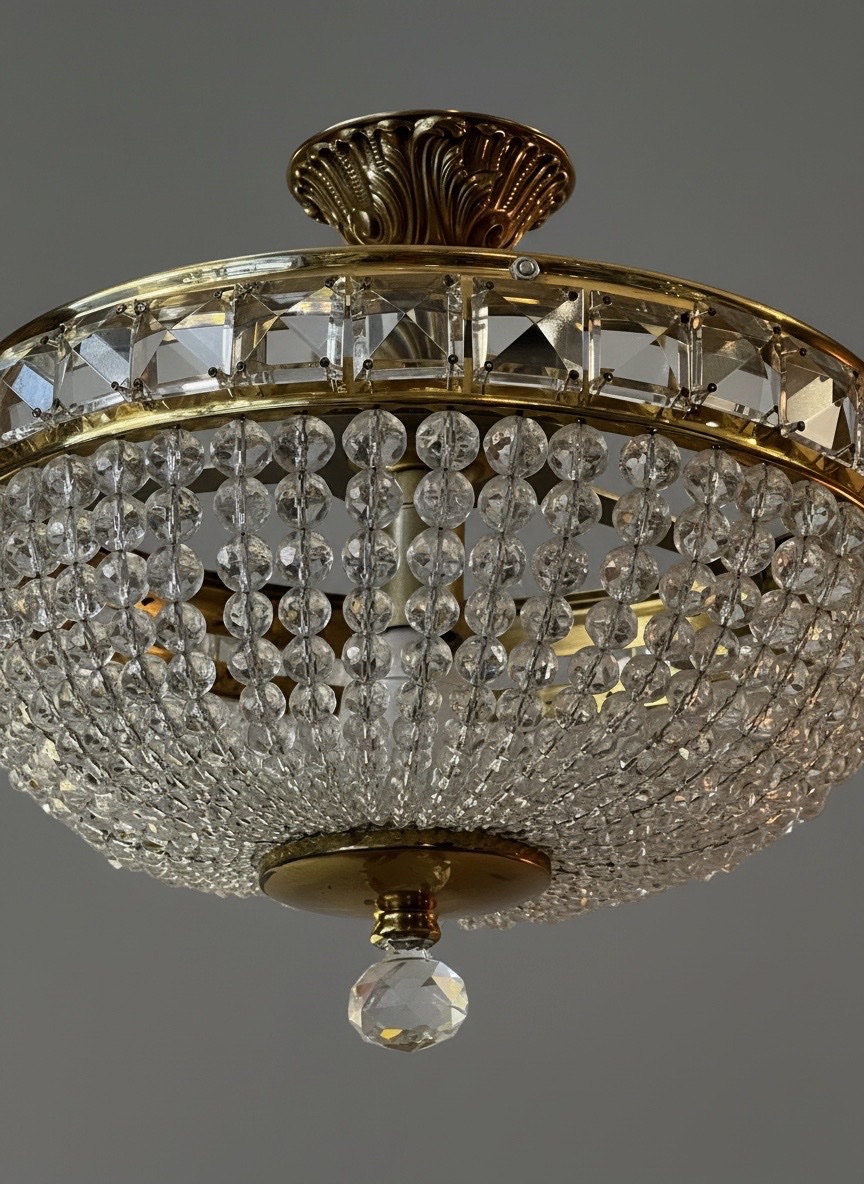 Ref 138 / Single-light Basket-style Chandelier/ceiling Light With Crystal Drops / Fully Refurbi-photo-3