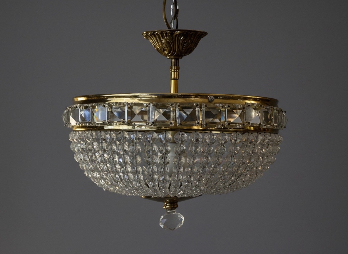 Ref 138 / Single-light Basket-style Chandelier/ceiling Light With Crystal Drops / Fully Refurbi