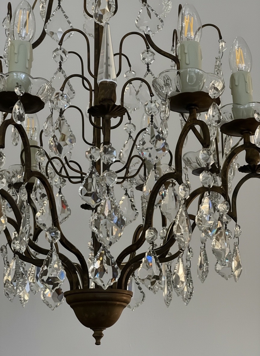 REF 138  / Lustre Fer Forgé Pampilles Cristal 8 Lumières /Refait a Neuf-photo-4
