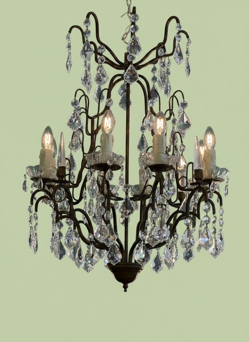 REF 138  / Lustre Fer Forgé Pampilles Cristal 8 Lumières /Refait a Neuf-photo-2
