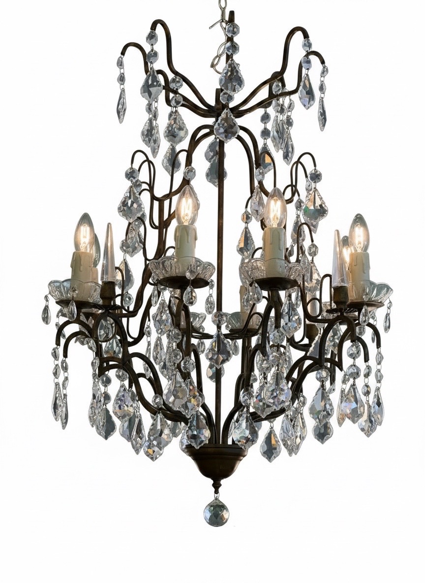 REF 138  / Lustre Fer Forgé Pampilles Cristal 8 Lumières /Refait a Neuf-photo-3