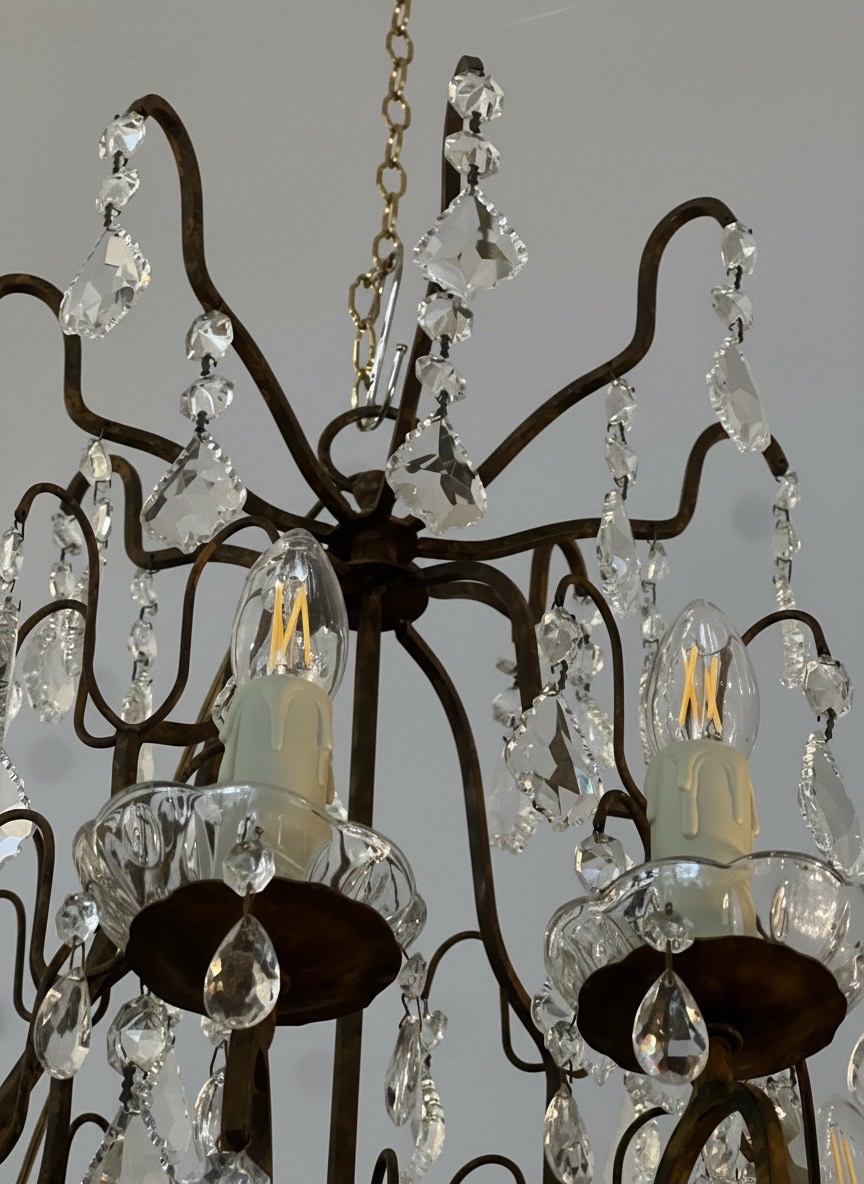REF 138  / Lustre Fer Forgé Pampilles Cristal 8 Lumières /Refait a Neuf-photo-1