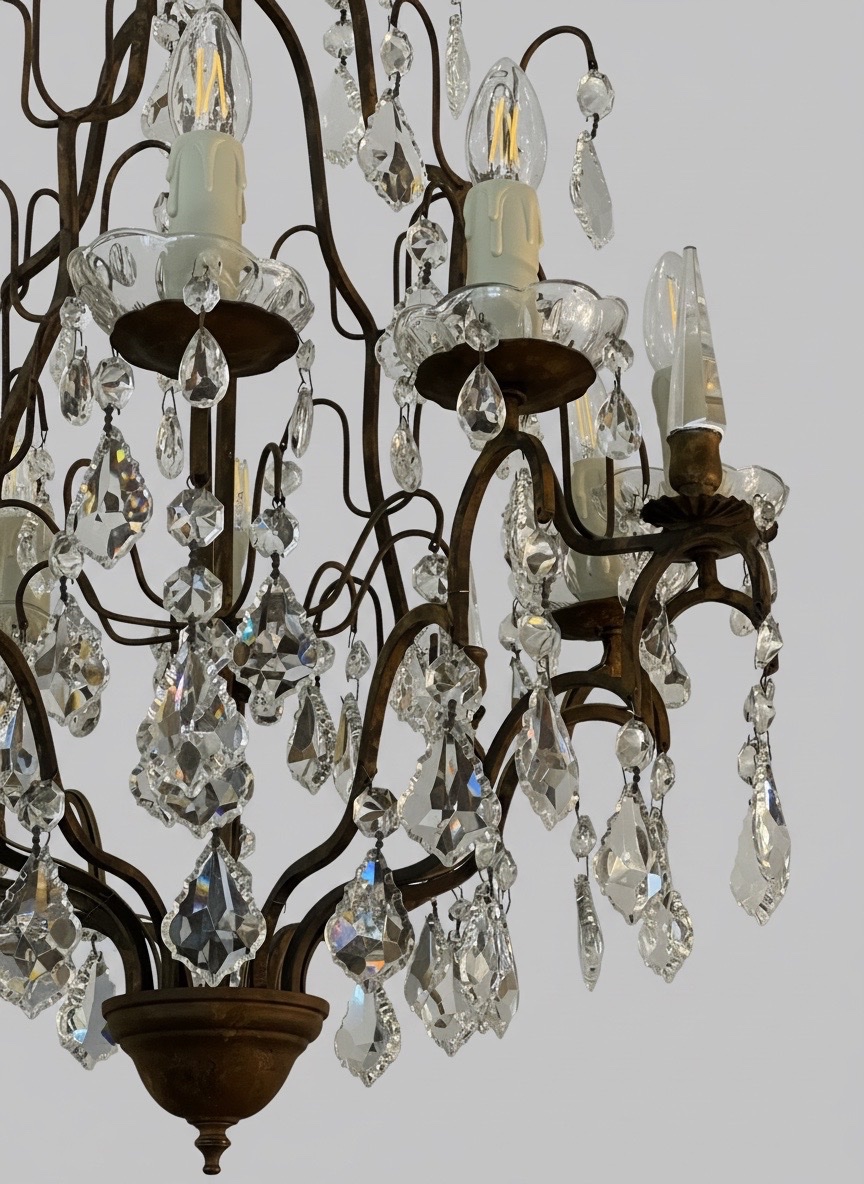 REF 138  / Lustre Fer Forgé Pampilles Cristal 8 Lumières /Refait a Neuf-photo-2