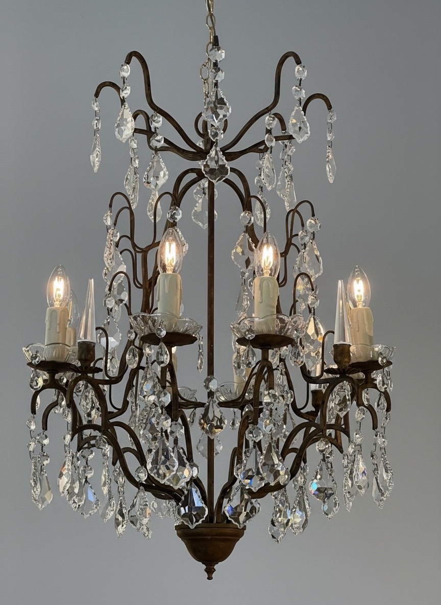 REF 138  / Lustre Fer Forgé Pampilles Cristal 8 Lumières /Refait a Neuf-photo-3