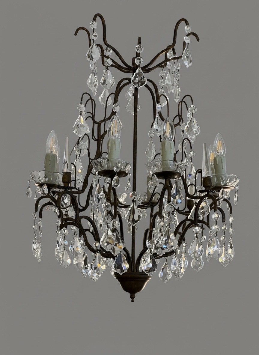 REF 138  / Lustre Fer Forgé Pampilles Cristal 8 Lumières /Refait a Neuf