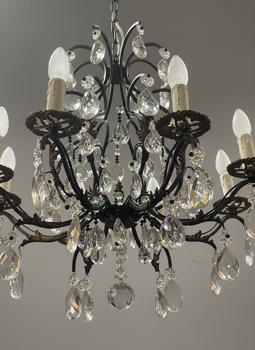 Ref 140 / Art Deco 8-light Wrought Iron Chandelier – Fully Refurbished-photo-2