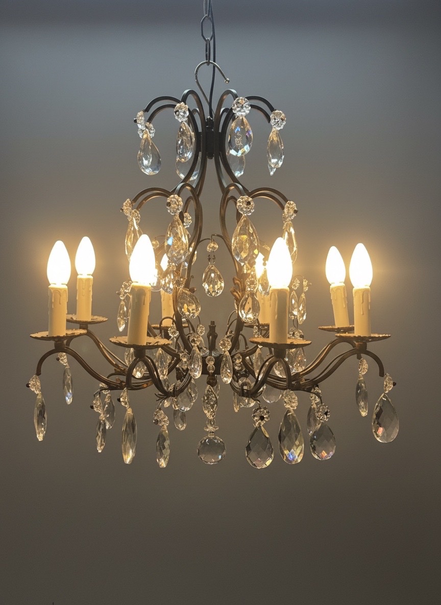 Ref 140 / Art Deco 8-light Wrought Iron Chandelier – Fully Refurbished