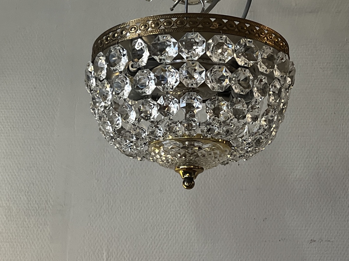 Ref 142 / 2-light Basket-style Chandelier/ceiling Light With Crystal Drops / Fully Refurbished-photo-3