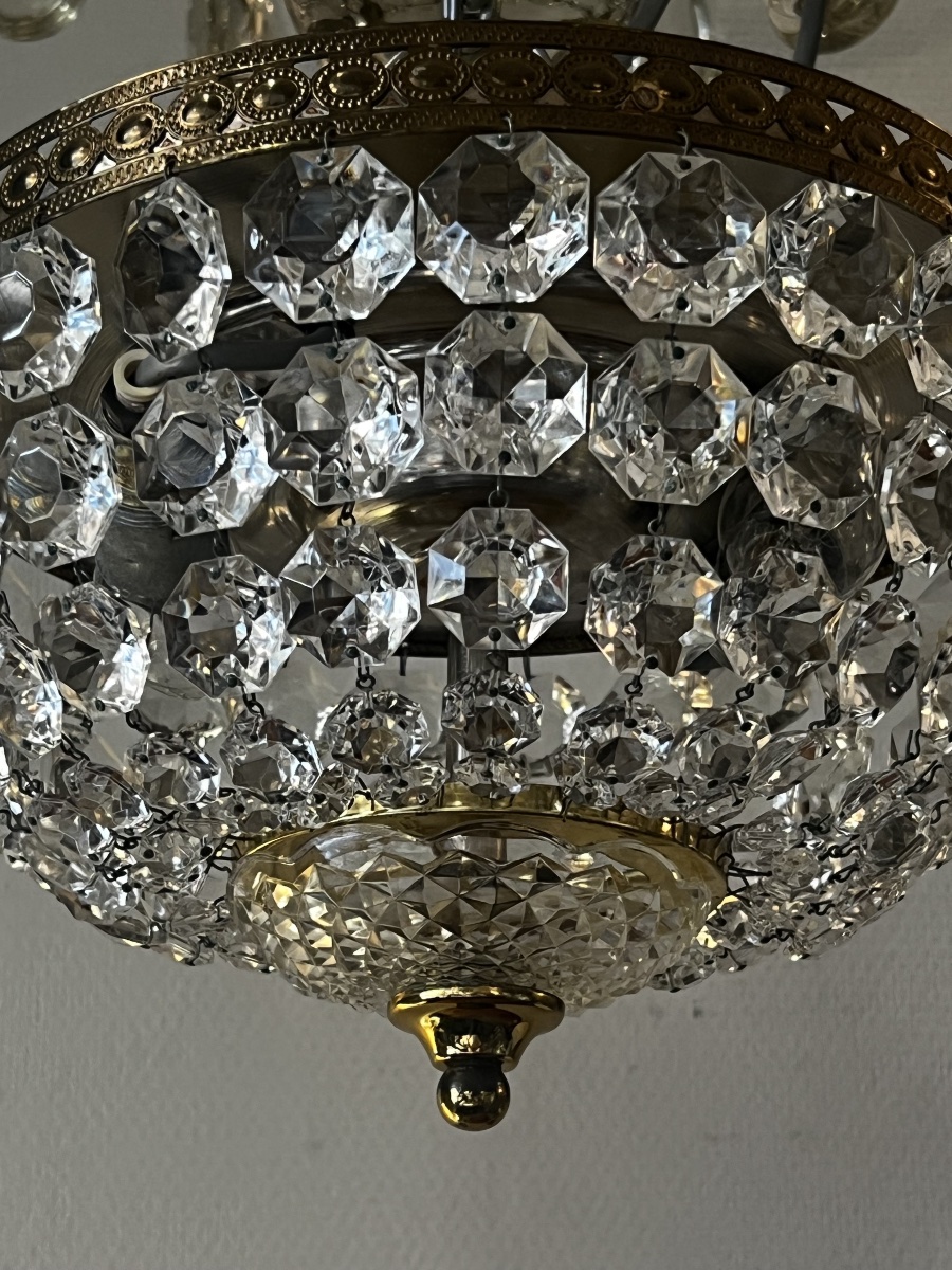 Ref 142 / 2-light Basket-style Chandelier/ceiling Light With Crystal Drops / Fully Refurbished-photo-4