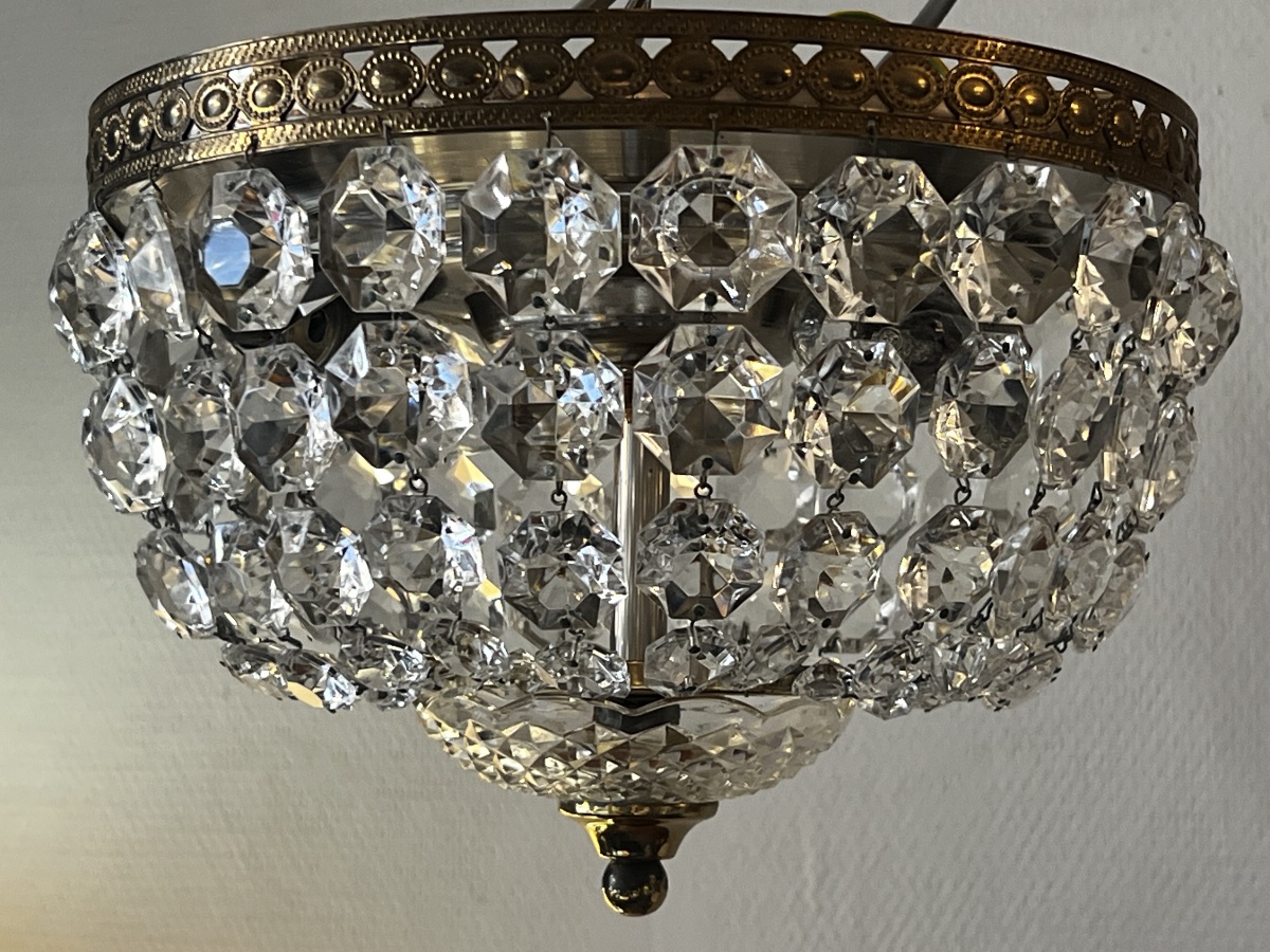 Ref 142 / 2-light Basket-style Chandelier/ceiling Light With Crystal Drops / Fully Refurbished-photo-2