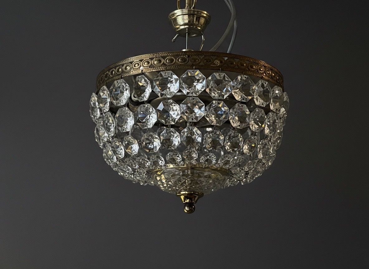 Ref 142 / 2-light Basket-style Chandelier/ceiling Light With Crystal Drops / Fully Refurbished