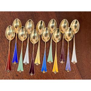 David Andersen Norway / Sterling Series 12 Mocha Spoons Enamel Guilloche Oslo