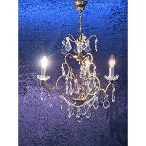 REF 11 / Lustre Pampilles Cristal Bronze 3 Lumières / Refait A Neuf 