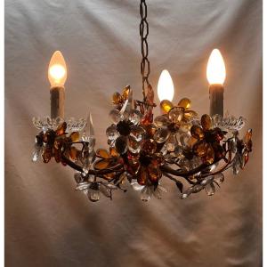 Bagues Style Chandelier With Crystal Flowers And Gold Sheet Metal