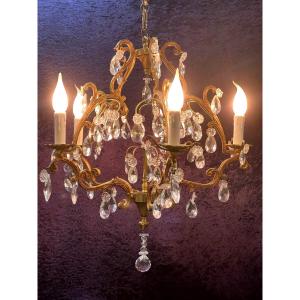 Ref 100 / Bronze Cage Chandelier With Crystal Tassels, 4 Lights